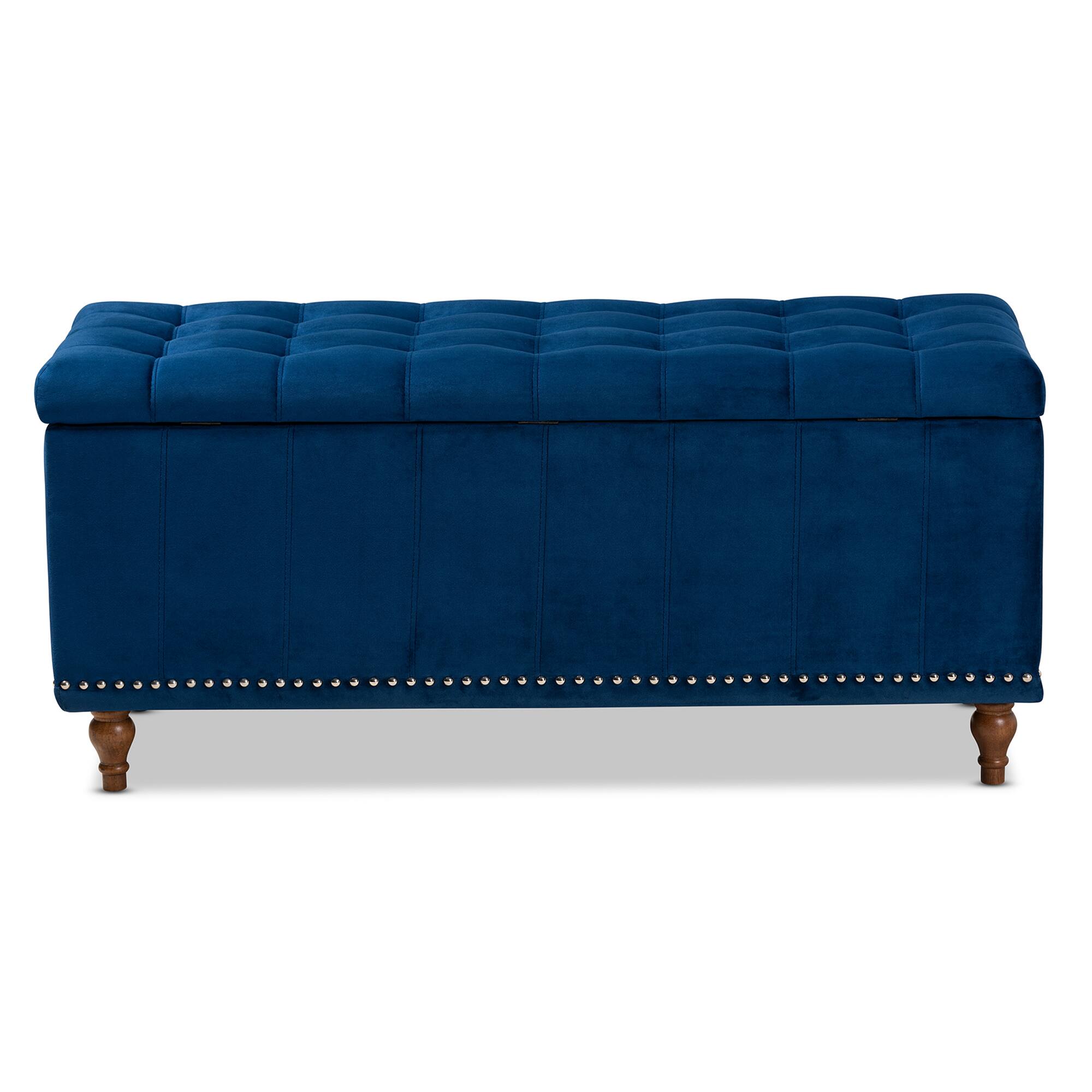 Alt View 1. Baxton Studio - Kaylee Modern and Contemporary Velvet Fabric Upholstered Button-Tufted Storage Ottoman Bench - Navy Blue/Brown.