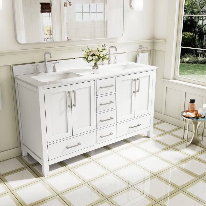 Left. WELLFOR - 60 in Bathroom Vanity with Double Sink, Solid Wood Bathroom Cabinet with 4 Doors& 6 Drawers，Brushed Nickel Handle - White.