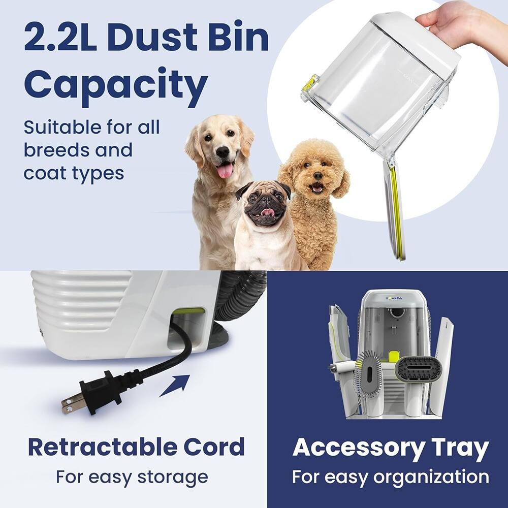 2.2L Dust Bin Capacity  
Suitable for all breeds and coat types  

Retractable Cord  
For easy storage  

Accessory Tray  
For easy organization