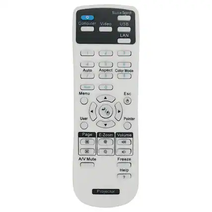 Source Search
Computer Video USB LAN
1 2 3 4 Auto 7 5 6 Aspect Color Mode 8 9 Num Menu 0 Esc
User Pointer Page E-Zoom Volume
A/V Mute Freeze Help ?
Projector