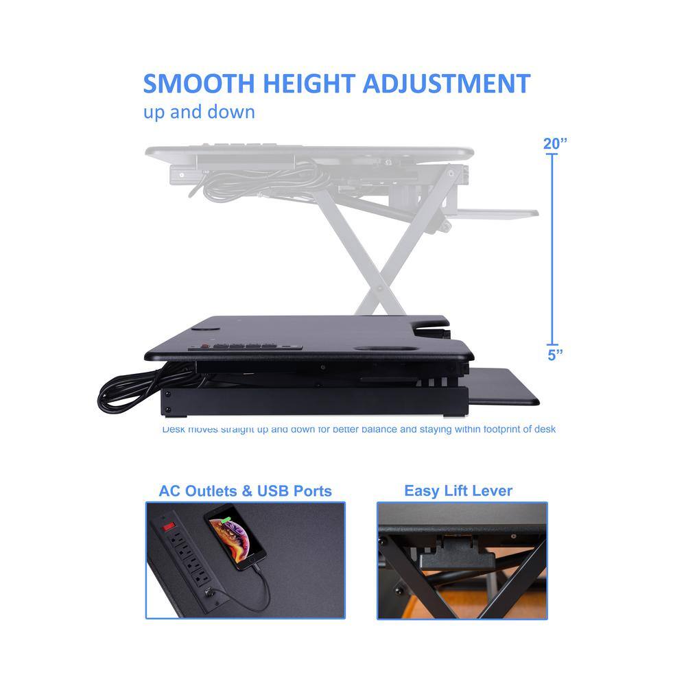 SMOOTH HEIGHT ADJUSTMENT  
up and down  

Desk moves straight up and down for better balance and staying within footprint of desk  

AC Outlets & USB Ports  

Easy Lift Lever