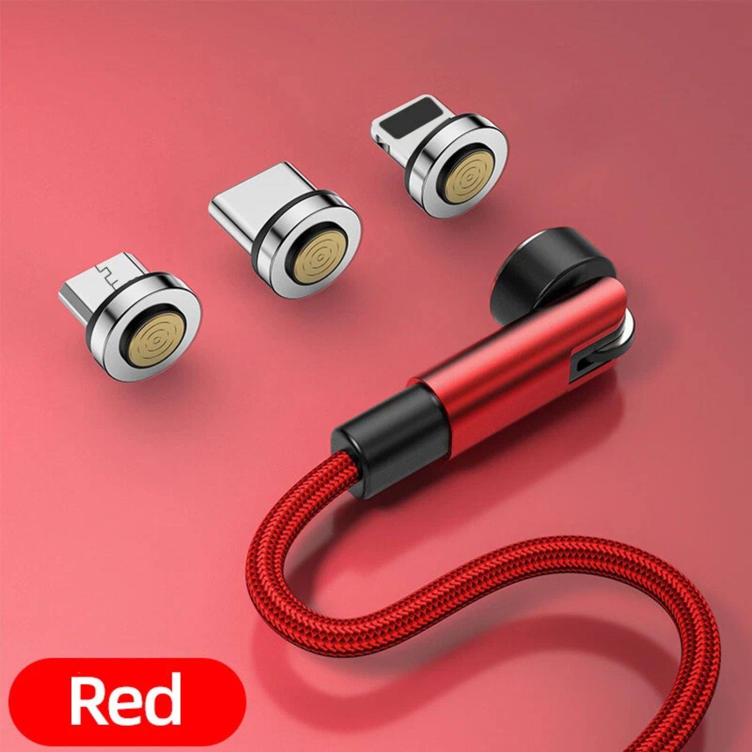 Angle. Home Collection - 540° Rotating Magnetic Charging Cable – 3ft (1M) 3-in-1 Fast Charger with Type-C, Micro-USB & iOS Plugs - Red.