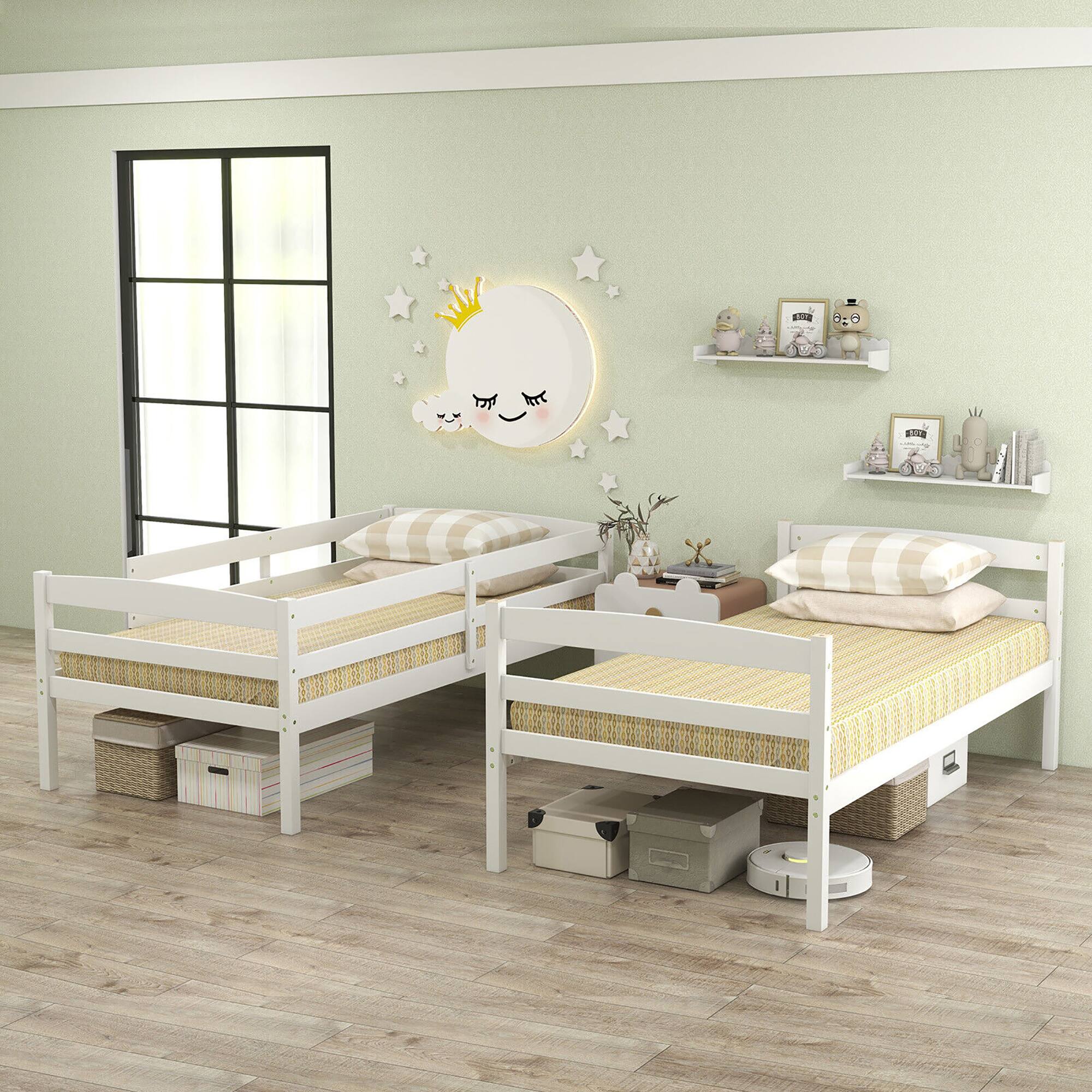 Alt View 3. Gymax - Gymax Twin Over Twin Bunk Bed Wooden Convertible Into 2 Beds High Guardrails White - White.