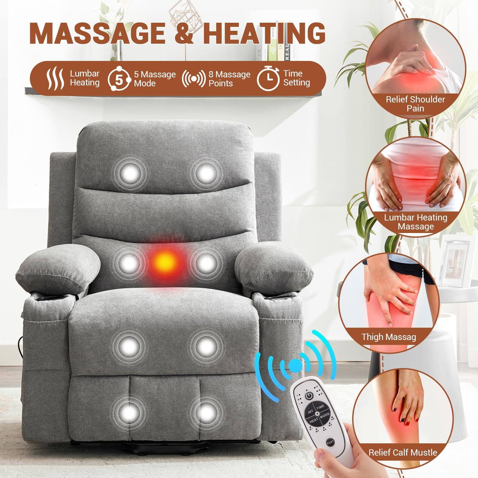 MASSAGE & HEATING

- Lumbar Heating
- 5 Massage Mode
- 8 Massage Points
- Time Setting

Relief Shoulder Pain

Lumbar Heating Massage

Thigh Massag

Relief Calf Muscle