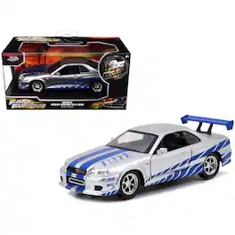 Brian's Nissan Skyline GT-R (R34) RHD Silver Metallic with Blue "Fast & Furious 25th Anniversary" 1/32 Car Model by Jada