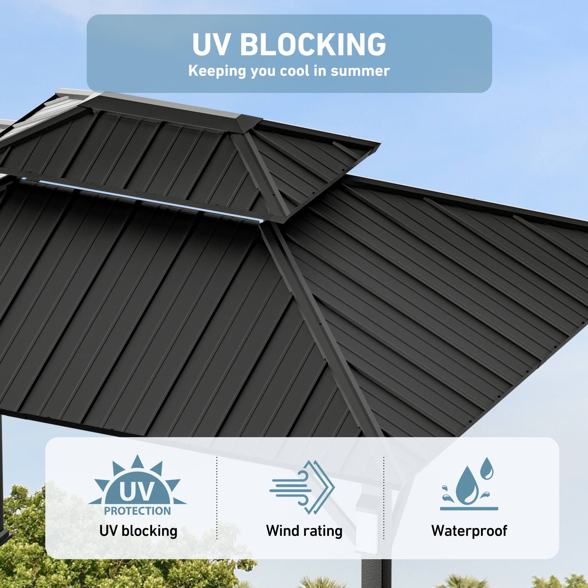 UV BLOCKING  
Keeping you cool in summer  

UV PROTECTION  
UV blocking  

Wind rating  

Waterproof