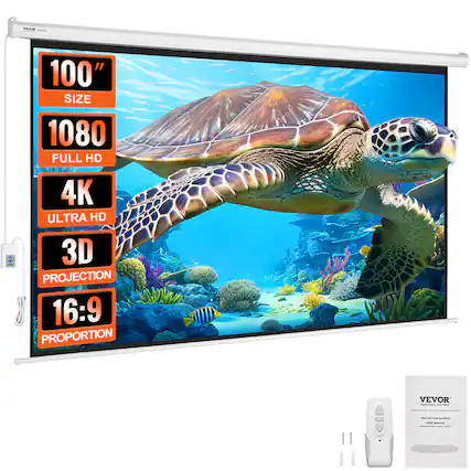 VEVOR - Motorized Projector Screen, 100 inch 16:9 4K 1080 HD Electric Projector Screen, Automatic Projection Screen - White