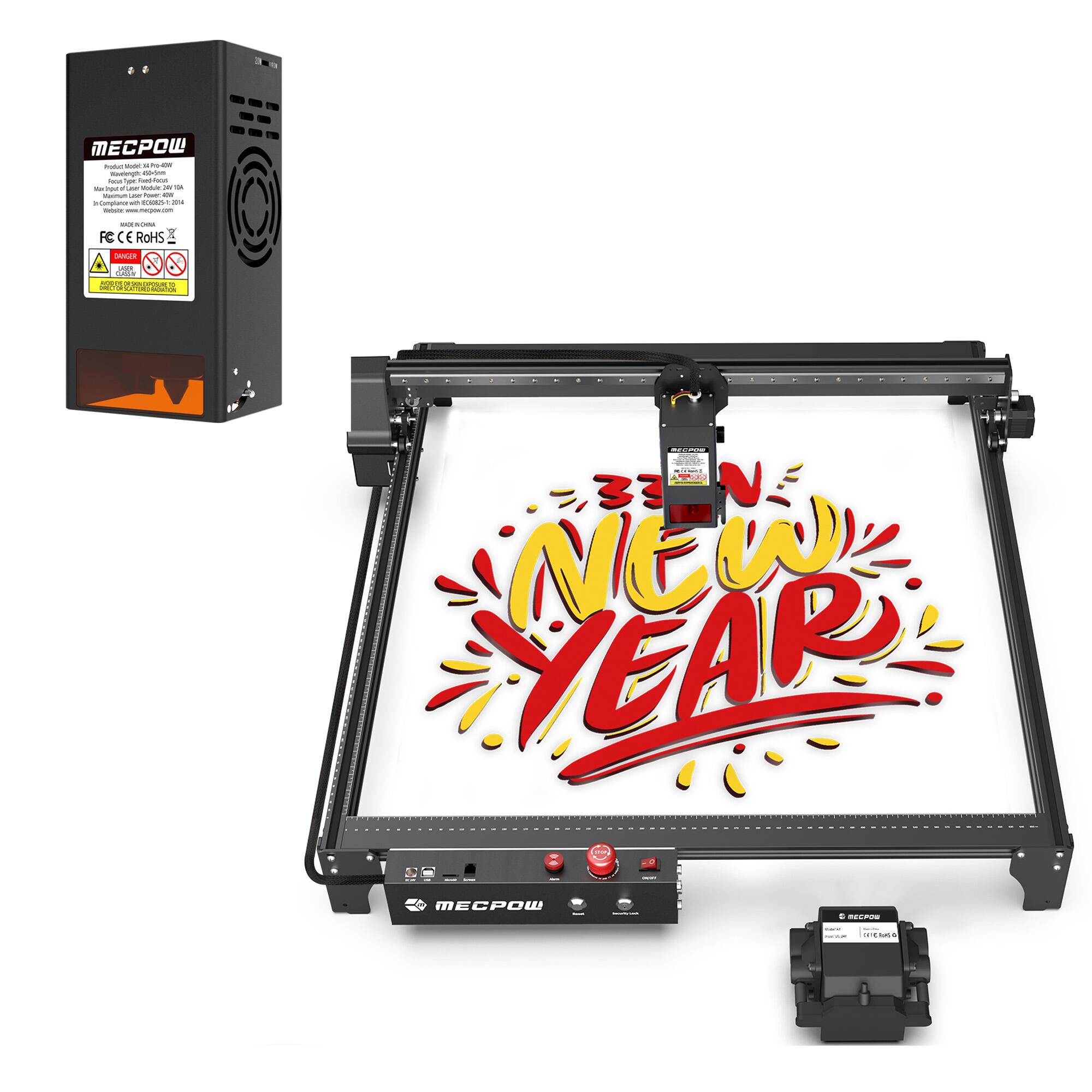 MECPow 260W  
Product Model: M260  
Input Voltage: 100-240V~50/60Hz  
Output Voltage: 12V  
Output Current: 21.6A  
Maximum Laser Power: 25W  
Size: 400x300x150mm  
Weight: 12.5kg  
Website: www.mecpow.com  
CE RoHS  

33 NEW YEAR