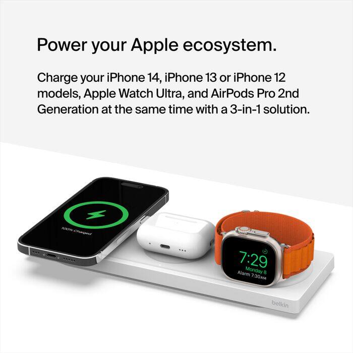 Power your Apple ecosystem.  
Charge your iPhone 14, iPhone 13 or iPhone 12 models, Apple Watch Ultra, and AirPods Pro 2nd Generation at the same time with a 3-in-1 solution.  

100% Charged  
7:29  
Alarm Monday 8  
7:30AM  

belkin