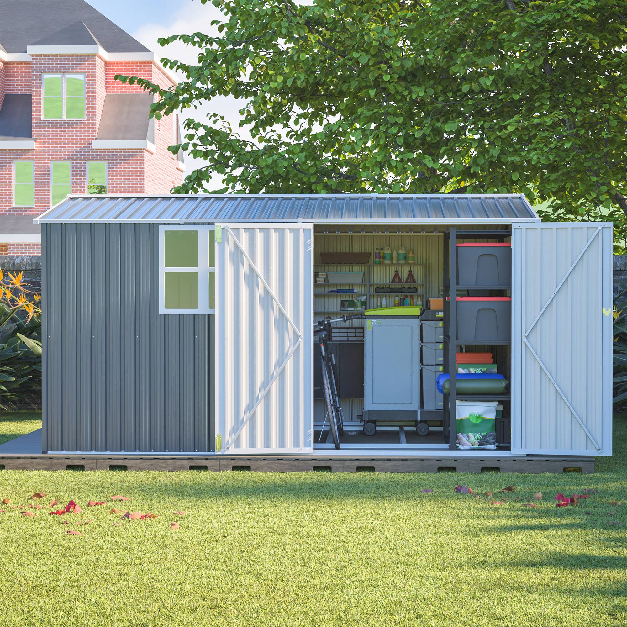 Left. Lirago - 8x12 FT Outdoor Storage Shed All-Weather Metal Shed with Lockable Doors - Gray.