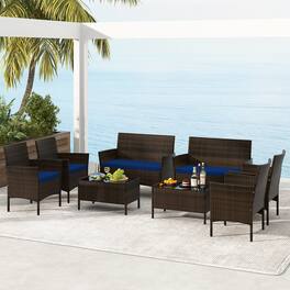Gymax - 8 PCS Patio Rattan Conversation Set Outdoor Wicker Furniture Set w/ Chair & Loveseat - Brown, Navy