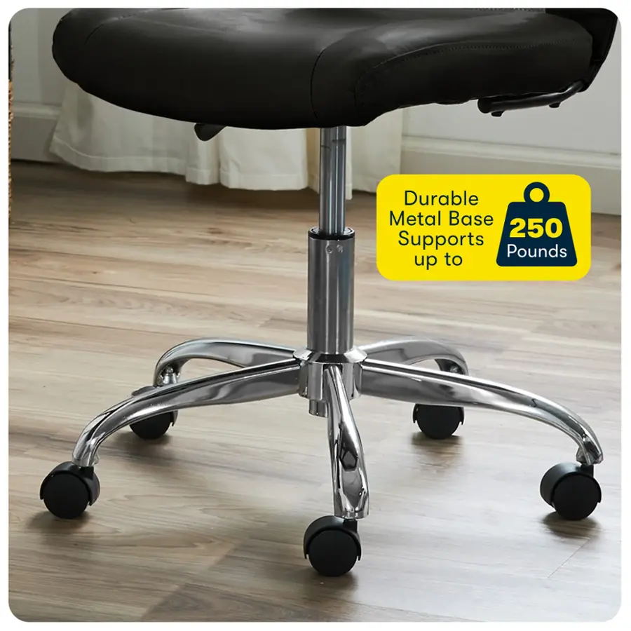 The image features a black leather office chair with a metal base. The chair is placed on a wooden floor, and the metal base is described as durable and supporting up to 250 pounds. The chair appears to be well-designed and comfortable, making it suitable for use in an office setting.