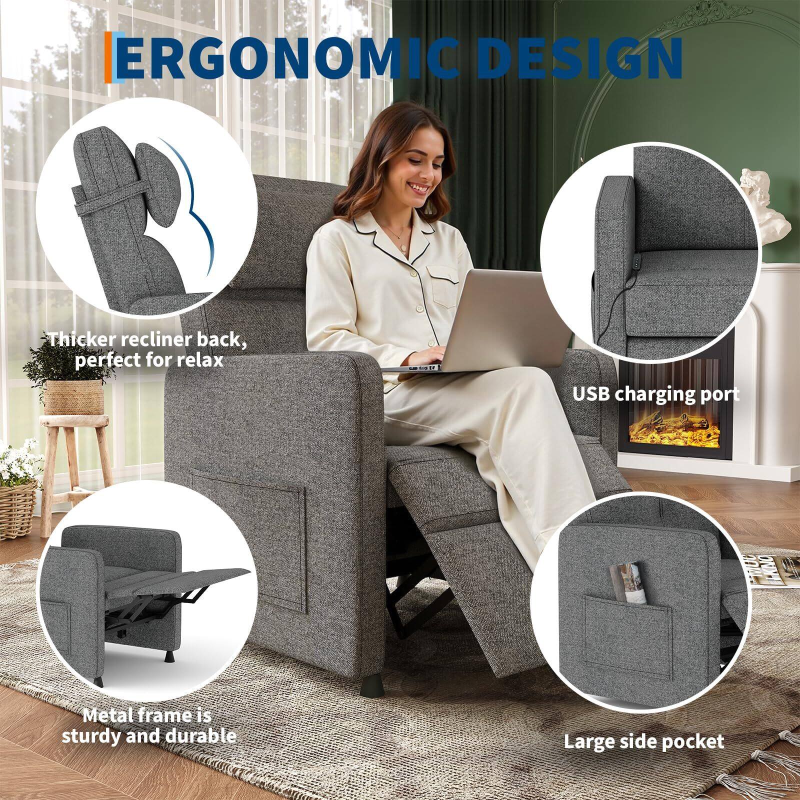 ERGONOMIC DESIGN

- Thicker recliner back, perfect for relax
- USB charging port
- Metal frame is sturdy and durable
- Large side pocket