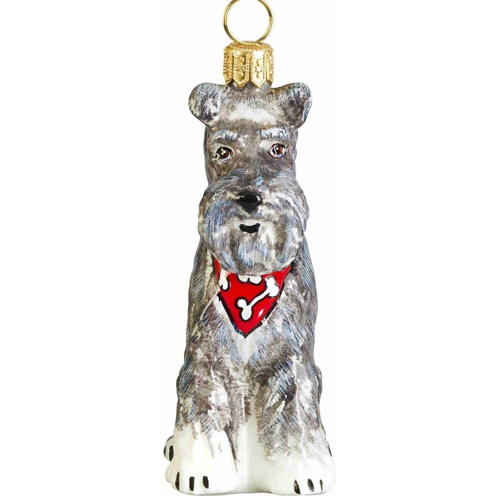 Front. Joy to the World Collectibles - Joy to the World Floppy Ears Grey Schnauzer with Bandana Polish Glass Christmas Tree Ornament - Gray.