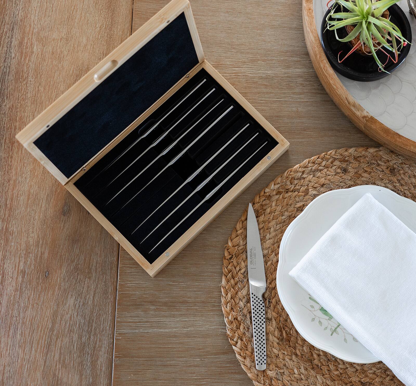 Alt View 4. Global - 8-Piece Steak Knife Set with Bamboo Box - Silver.