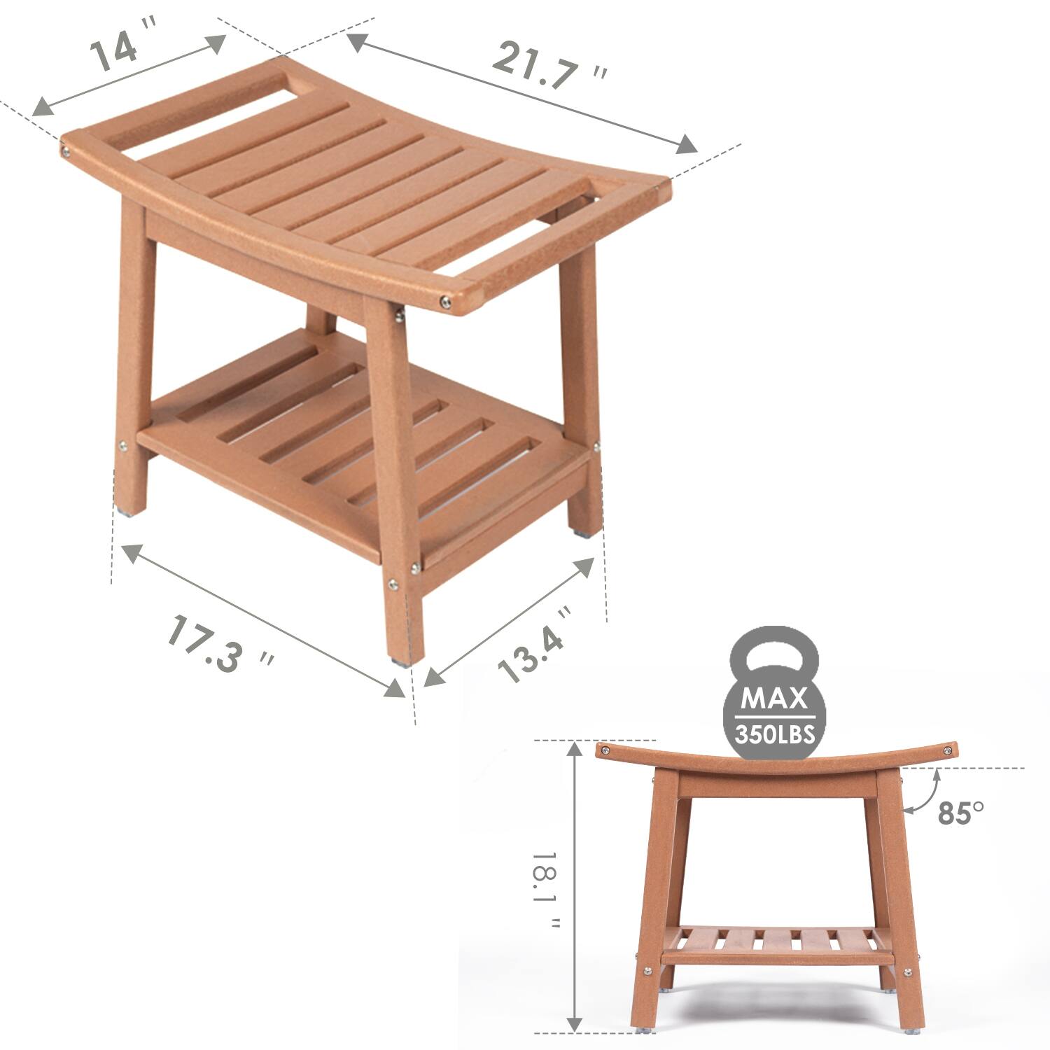 - 14"
- 21.7"
- 17.3"
- 13.4"
- 18.1"
- MAX 350LBS
- 85°