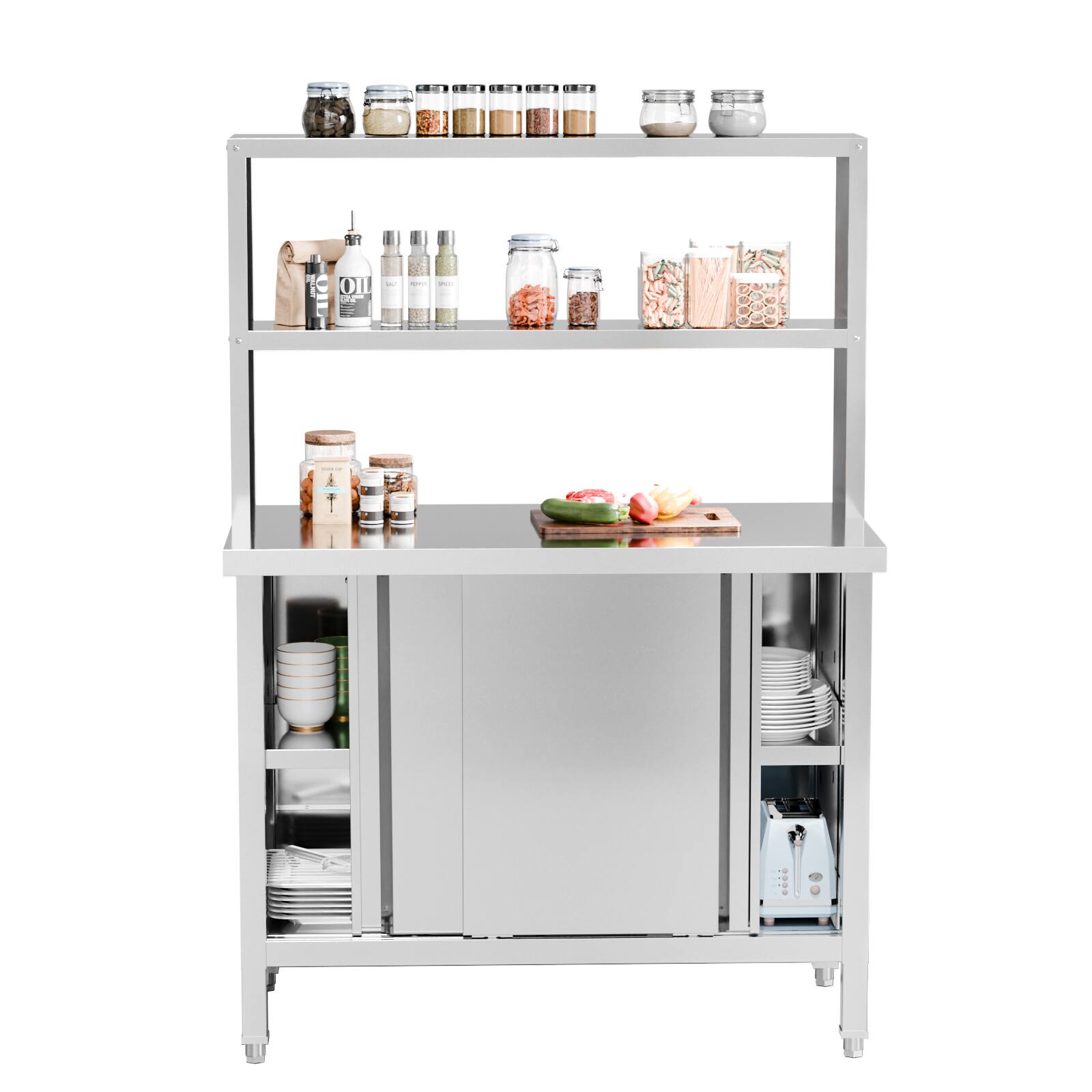 Alt View 6. Winado - 39.3"L x 19.7"W x 55"H Stainless Steel Prep Table with 2-Tier Cabinet & Adjustable Feet & Rounded Safety Edge for Garage - Silver.