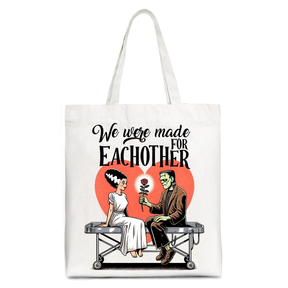 OrnamentallyYou - Romantic Frankenstein and Bride Canvas Tote Bag, We Were Made for Each Other Gift Bag - White