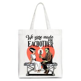 OrnamentallyYou - Romantic Frankenstein and Bride Canvas Tote Bag, We Were Made for Each Other Gift Bag - White