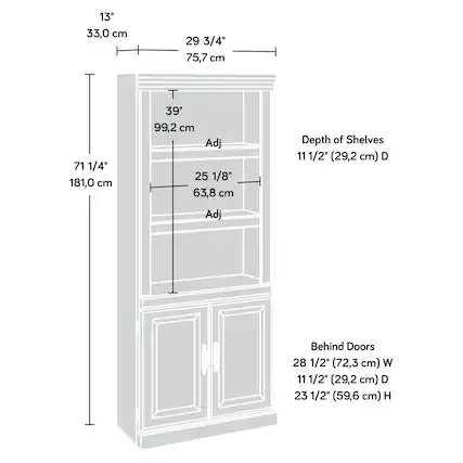 13" 33,0 cm
29 3/4" 75,7 cm
71 1/4" 181,0 cm
T 39" 99,2 cm
Adj 25 1/8" 63,8 cm
Depth of Shelves 11 1/2" (29,2 cm) D
Behind Doors 28 1/2" (72,3 cm) W
11 1/2" (29,2 cm) D
23 1/2" (59,6 cm) H
