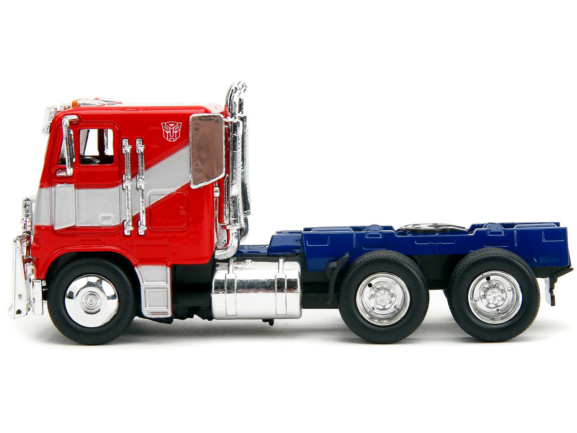 Angle. Jada - Optimus Prime Tractor Truck Red & Blue w/ Silver Stripes Transformers Rise of the Beasts 2023 Movie Hollywood Rides 1/32 - Red And Blue With Silver.