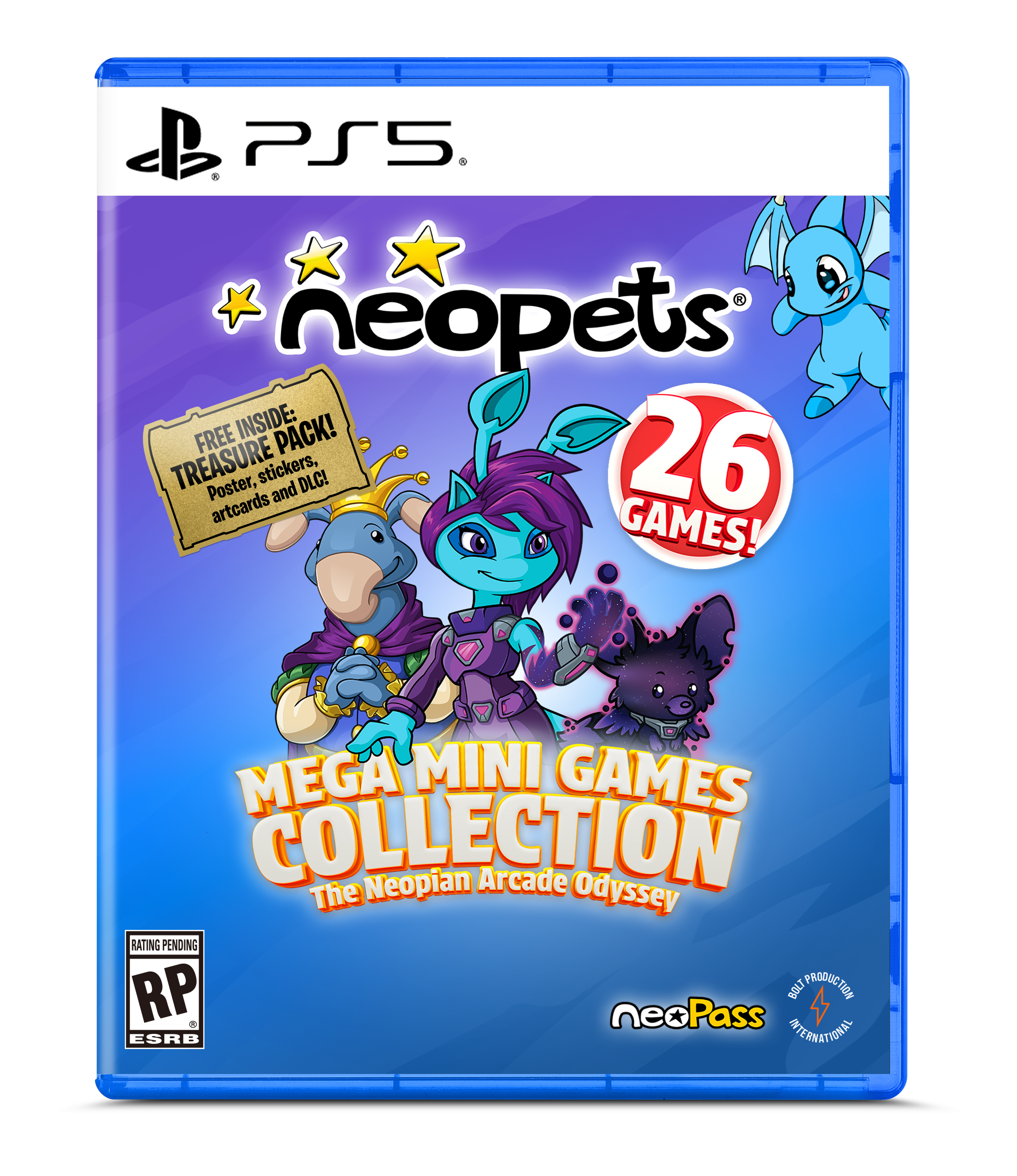 Neopets 26 Games!  
Mega Mini Games Collection: The Neopian Arcade Odyssey  
Free Inside: Treasure Pack! Poster, stickers, artcards, and DLC!  
Rating Pending RP ESRB  
NeoPass  
Bolt Production International - RP (Rating Pending)
