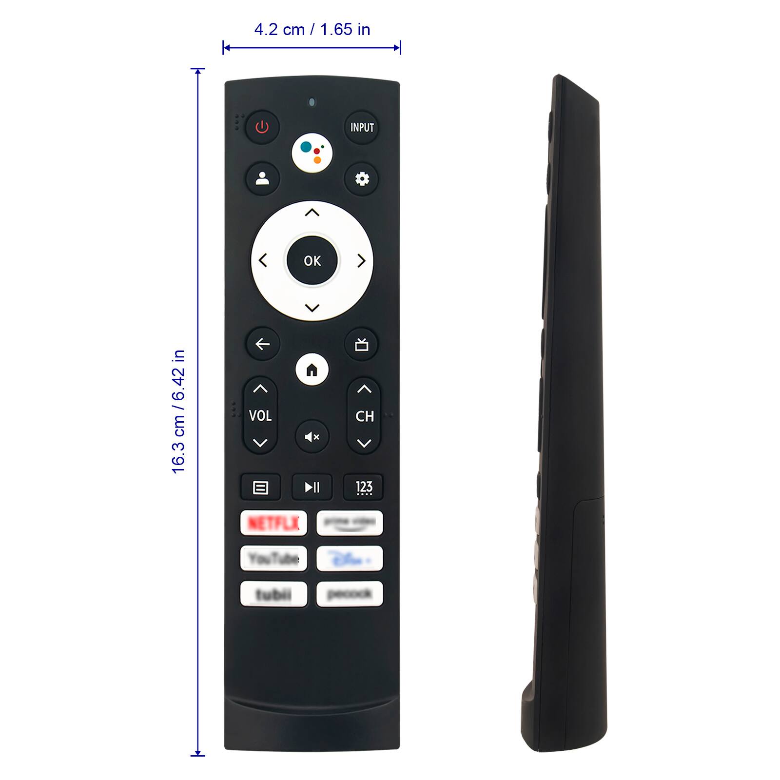 4.2 cm / 1.65 in  
16.3 cm / 6.42 cm  
INPUT OK  
VOL CH  
NETFLIX