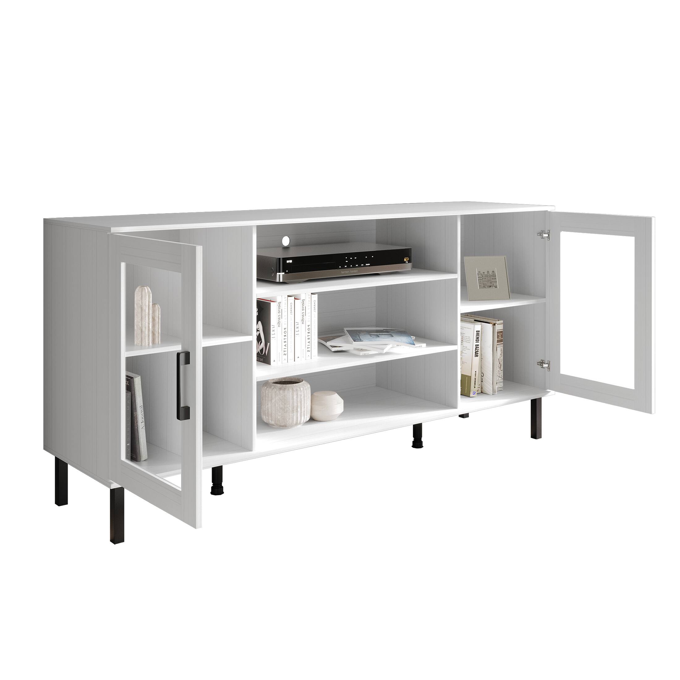 Alt View 1. ChaletPosh - Rustic Farmhouse TV Console with Clear Acrylic Doors and Sleek Black Handles, White - White.
