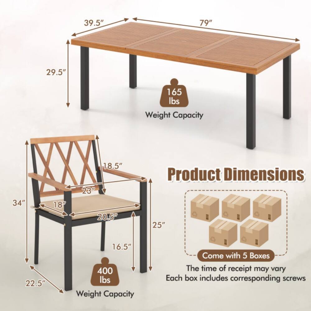 39.5" x 79" x 29.5"  
165 lbs Weight Capacity  

34" x 18" x 18.5" x 23" x 20.5" x 16.5"  
400 lbs Weight Capacity  

Product Dimensions:  
- Table: 39.5" x 79" x 29.5"  
- Chair: 34" x 18" x 18.5" x 23" x 20.5" x 16.5"  

Come with 5 Boxes  
The time of receipt may vary  
Each box includes corresponding screws