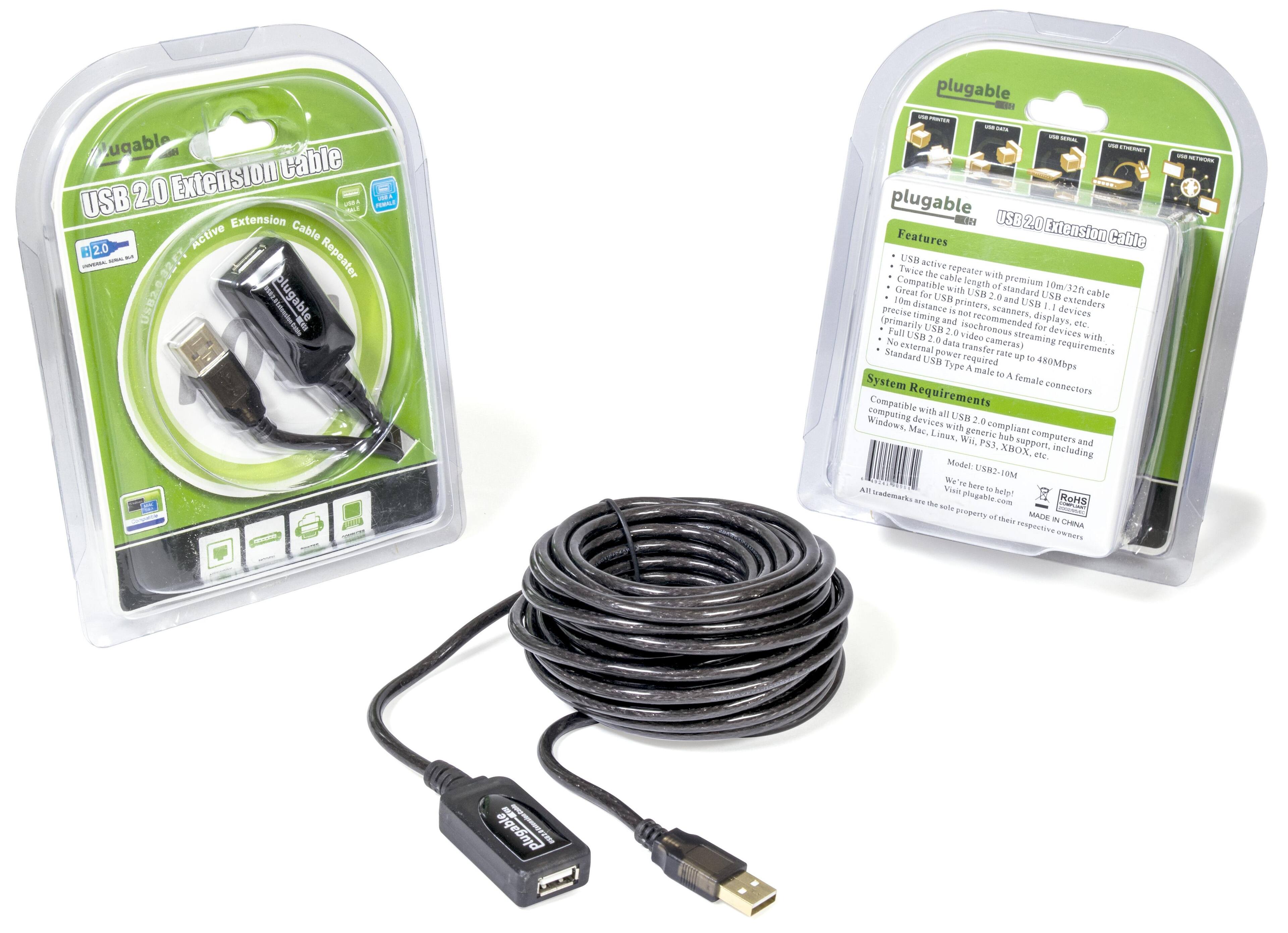 plugable - Extension cable USB 2.0 - - Repeater - USB2022FT - plugable - PTE - s - - - NERT plugable  USB 2.0 Extension Cable USH active Twice the cable repeater with premium 10m/32ft cable for USB 2.0 and USB 1.1 printers. USB extenders distance is 10 meters precise timing for cameras. (primarily USB 2.0 and video streaming devices with no data external transfer recommended displays. Full USB 2.0 data transfer rate up to 480Mbps. Standard power transfer rate 1.5A required. Type A male connectors. Compatible with all USB 2.0 compliant computing devices. Windows, Mac, Linux, generic computers, Wii, PS3, Xbox, etc. including mobile devices. Visit us at plugable.com. All trademarks are the sole property of their respective owners. RoHS compliant. Made in China.