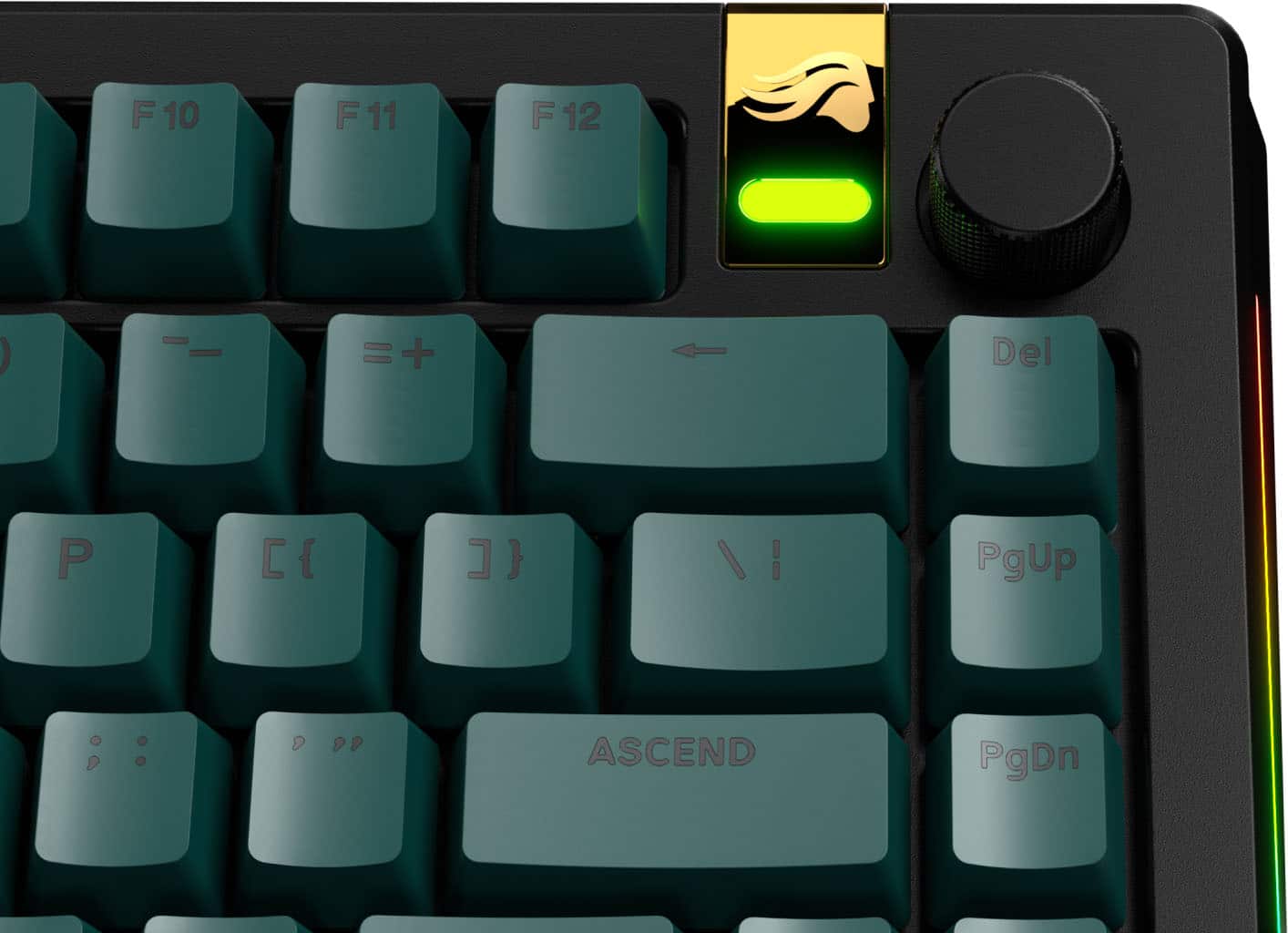 The text on the image is grouped and corrected as follows:
F10 F F11 F F12 ) -- = + Del P { } PgUp ASCEND PgDn