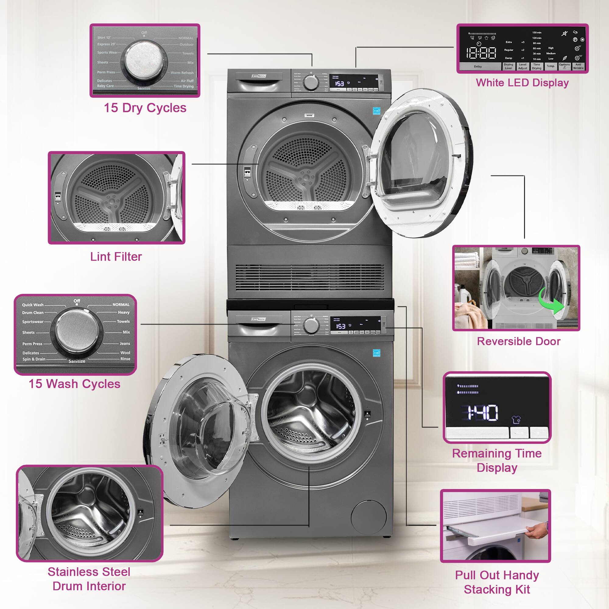 - 15 Dry Cycles
- Lint Filter
- 15 Wash Cycles
- Stainless Steel Drum Interior
- White LED Display
- Reversible Door
- Remaining Time Display
- Pull Out Handy Stacking Kit