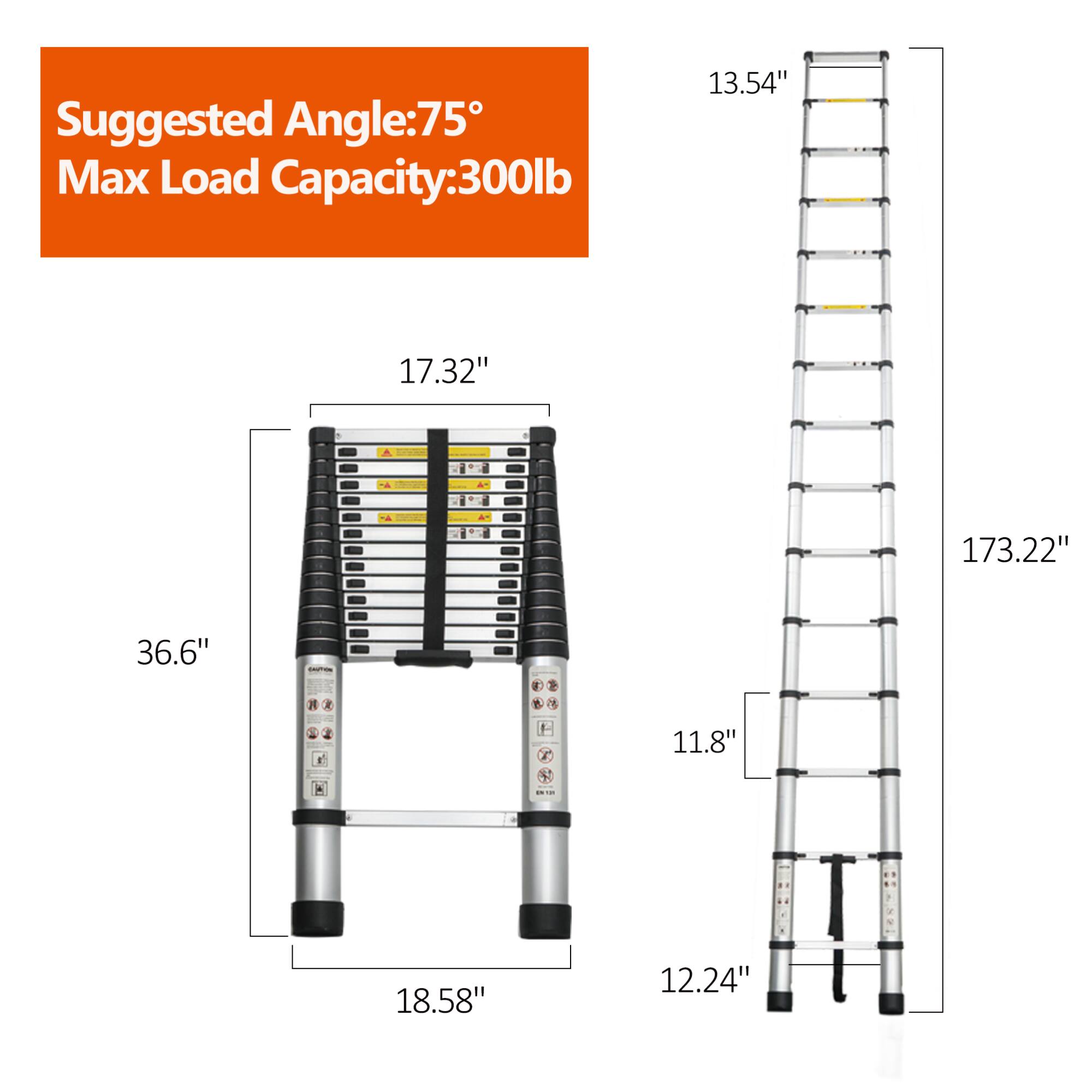 Suggested Angle: 75°  
Max Load Capacity: 300lb  

13.54"  
17.32"  
36.6"  
18.58"  
11.8"  
12.24"  

173.22"