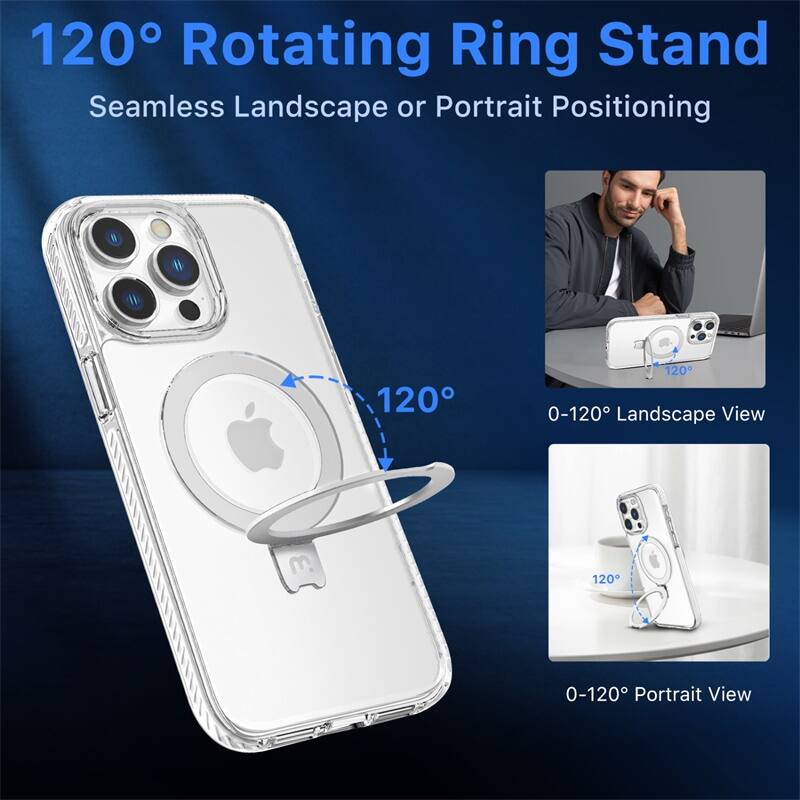 120° Rotating Ring Stand, Seamless Landscape or Portrait Positioning, 0-120° Landscape View, 0-120° Portrait View