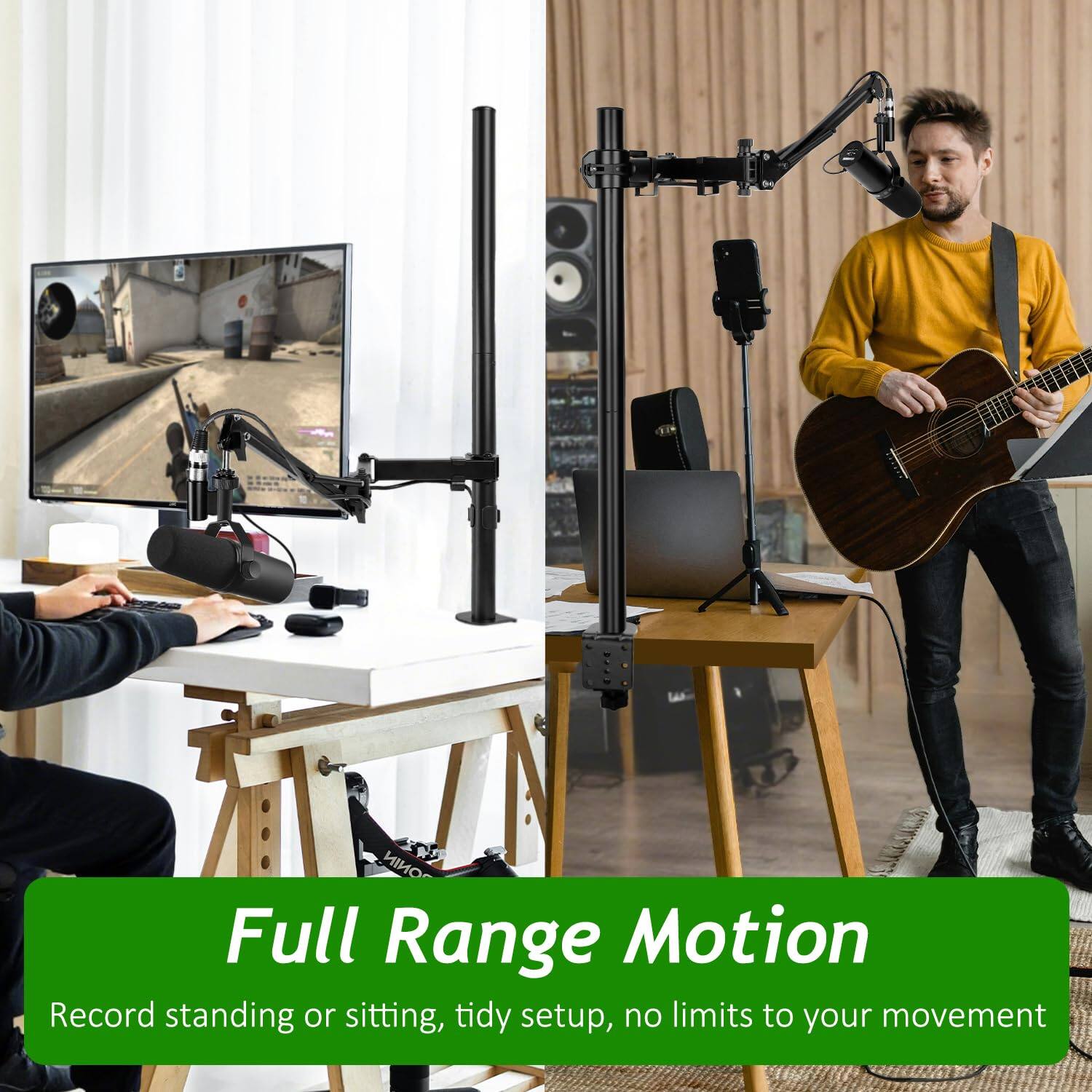 Full Range Motion  
Record standing or sitting, tidy setup, no limits to your movement
