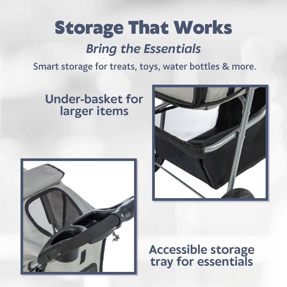 Storage That Works  
Bring the Essentials  
Smart storage for treats, toys, water bottles & more.  

Under-basket for larger items  

Accessible storage tray for essentials