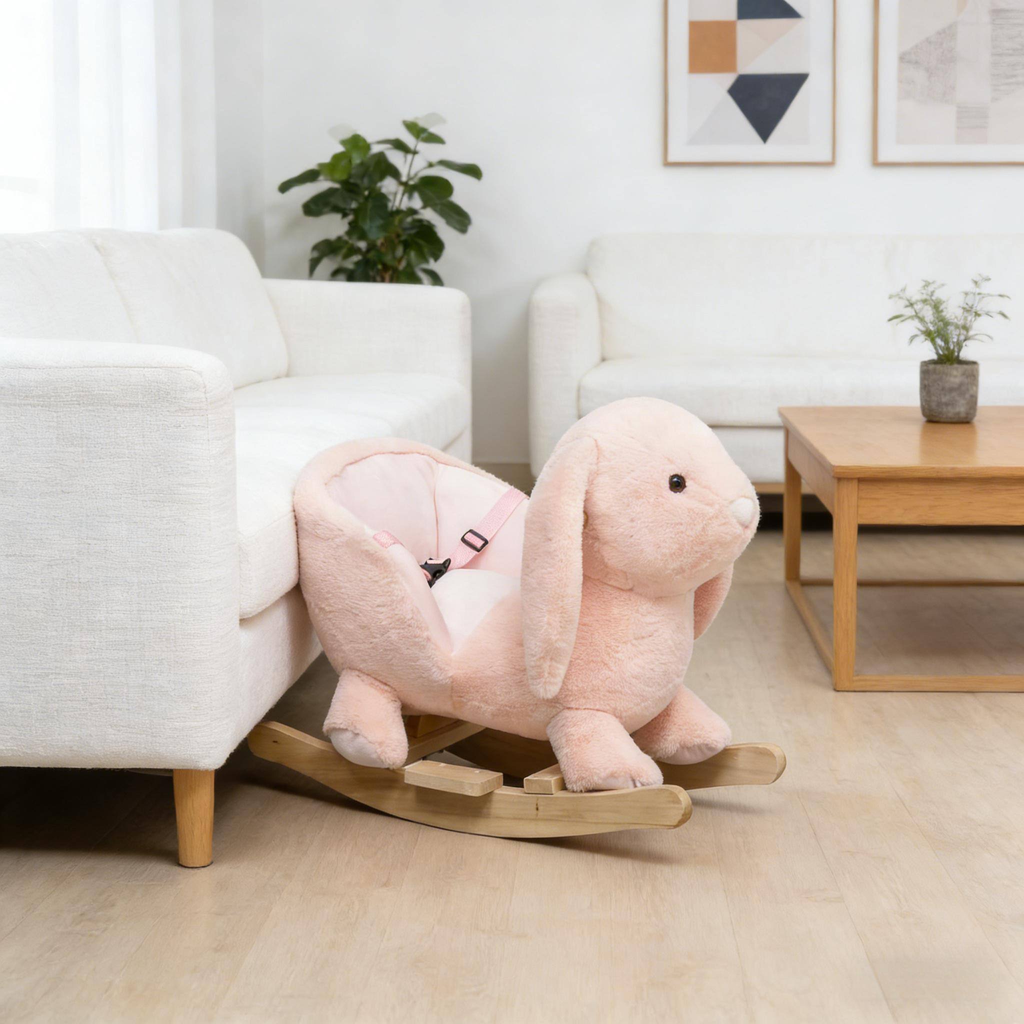 Alt View 1. Siljoy - Bunny Rocking Horse with Sound, Wood Base, Safety Belt, Plush Seat, Ages 18-36 Months, 88lb Load - Pink.