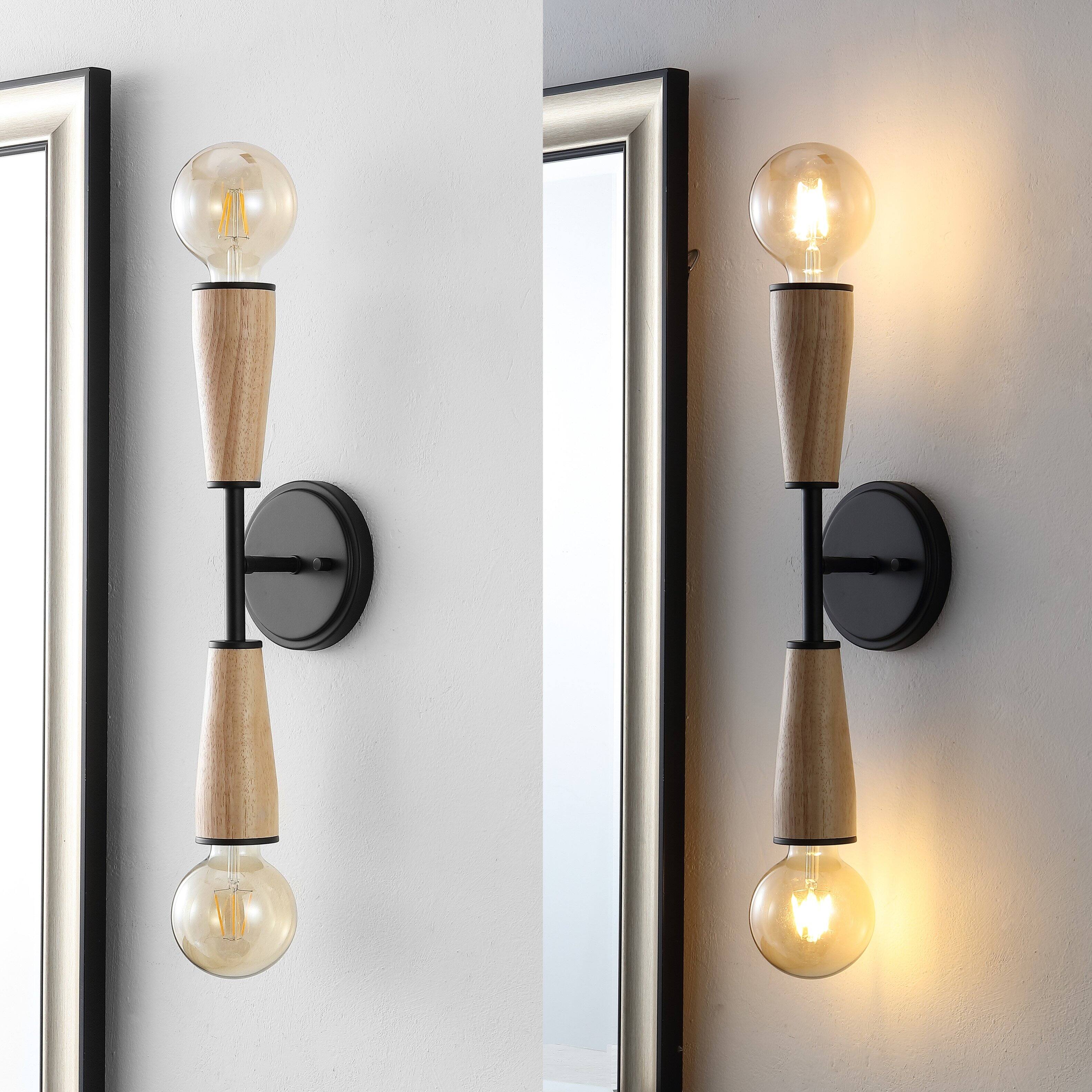 Alt View 4. Jonathan Y - Katia 5.13" 2-Light Modern Designer Iron/Wood Double Sided Hourglass LED Sconce, Light Brown/Black - Light Brown/Black.