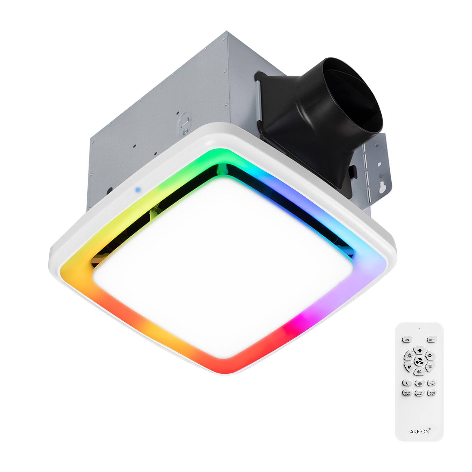 Akicon - RGB1 110 CFM 1.5 Sone Ceiling Bathroom Exhaust Fan with Dimmable and RGB Light, Remote, Humidity Sensor, Square - White