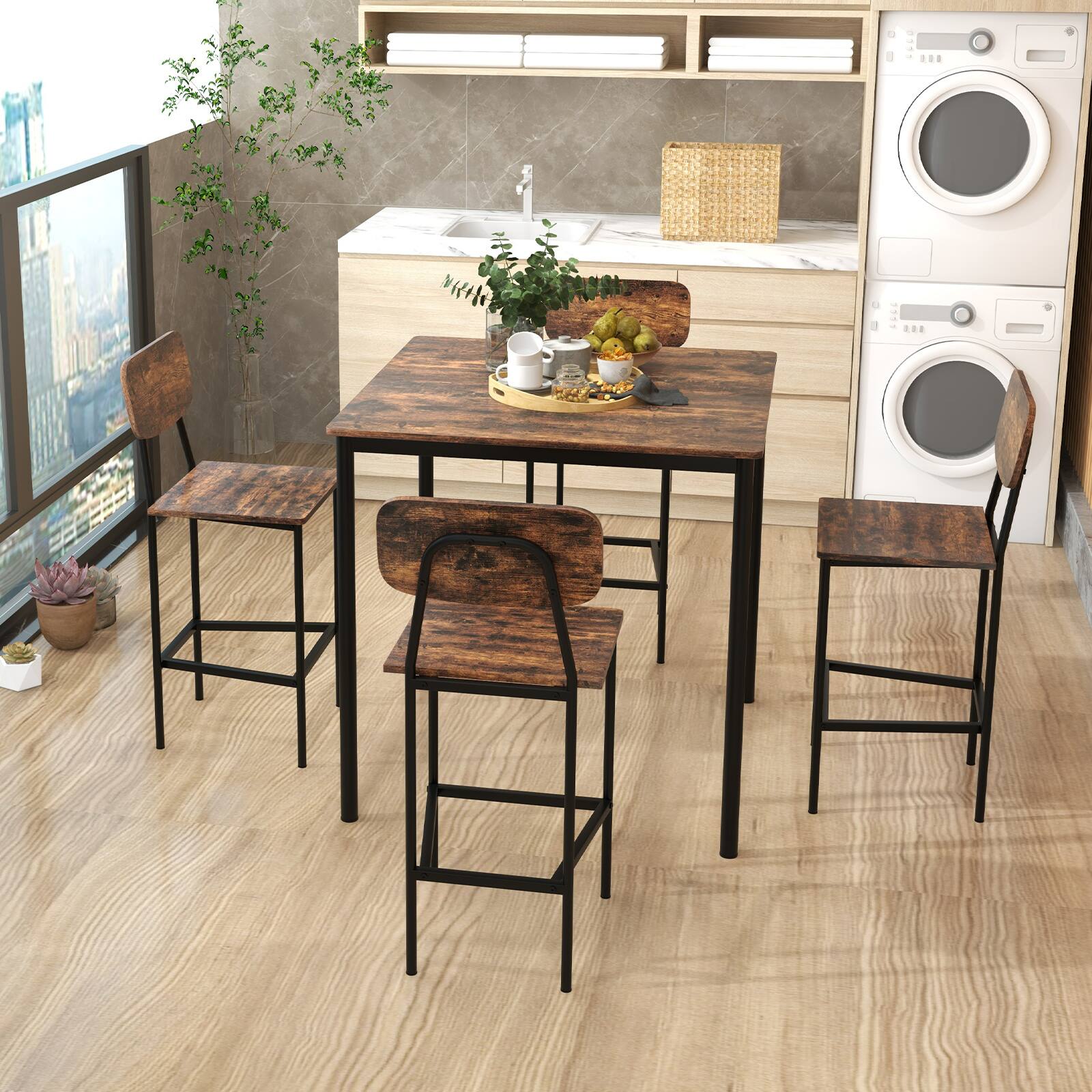 Alt View 2. SlickBlue - 5-Piece Industrial Dining Set with Counter Height Table and 4 Bar Stools - Coffee.