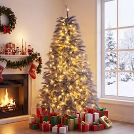 Costway - 6 ft Feather Christmas Tree with 430 Branch Tips, Threadlike Leaves, 200 LED Lights - Gray