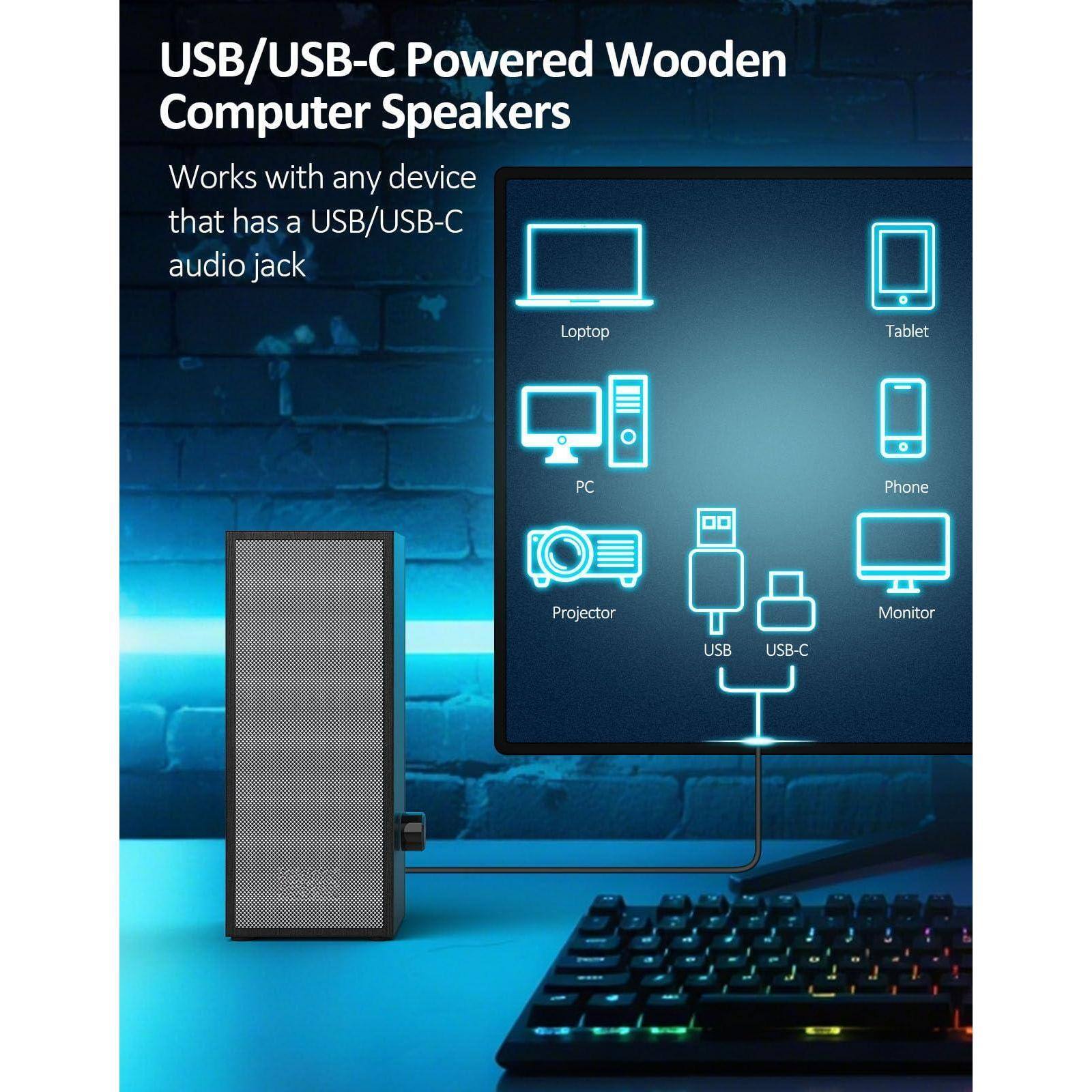 USB/USB-C Powered Wooden Computer Speakers

Works with any device that has a USB/USB-C audio jack

- Laptop
- Tablet
- PC
- Phone
- Projector
- Monitor

USB USB-C