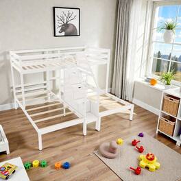 Hivvago - Space-Saving Triple Twin Bed with Storage Steps and Secure Railings for Kids and Teens - White