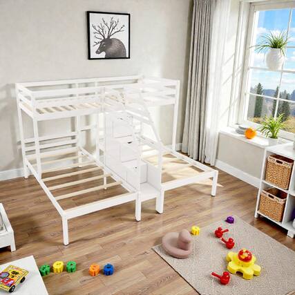 Front. Hivvago - Space-Saving Triple Twin Bed with Storage Steps and Secure Railings for Kids and Teens - White.