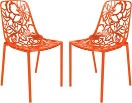 LeisureMod - Devon (Set of 2) Aluminum Outdoor Dining Chair, UV Resistant & Stackable Floral Design Accent Chair - Fully Assembled - Orange