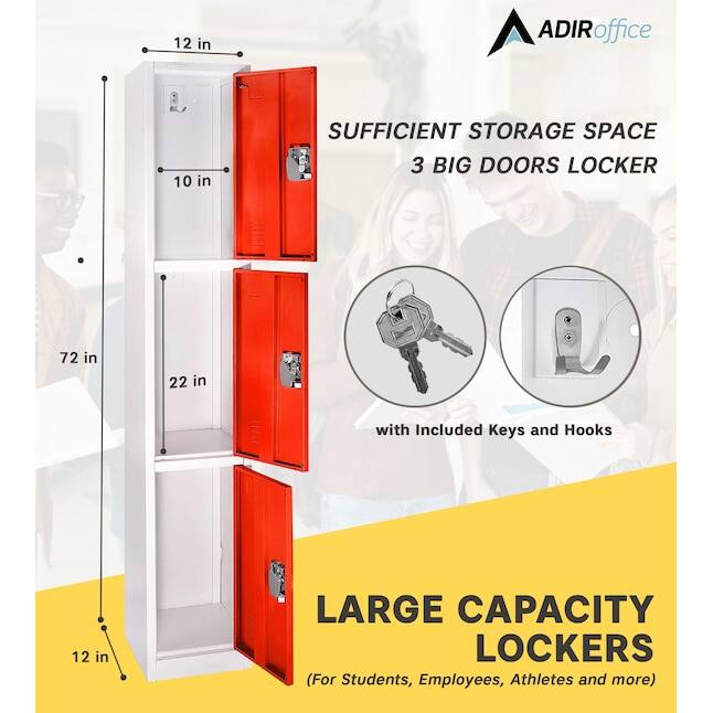 ADIR office, SUFFICIENT STORAGE SPACE, 3 BIG DOORS LOCKER, 72 in, 22 in, with Included Keys and Hooks, LARGE CAPACITY LOCKERS (For Students, Employees, Athletes and more), 12 in, 12 in