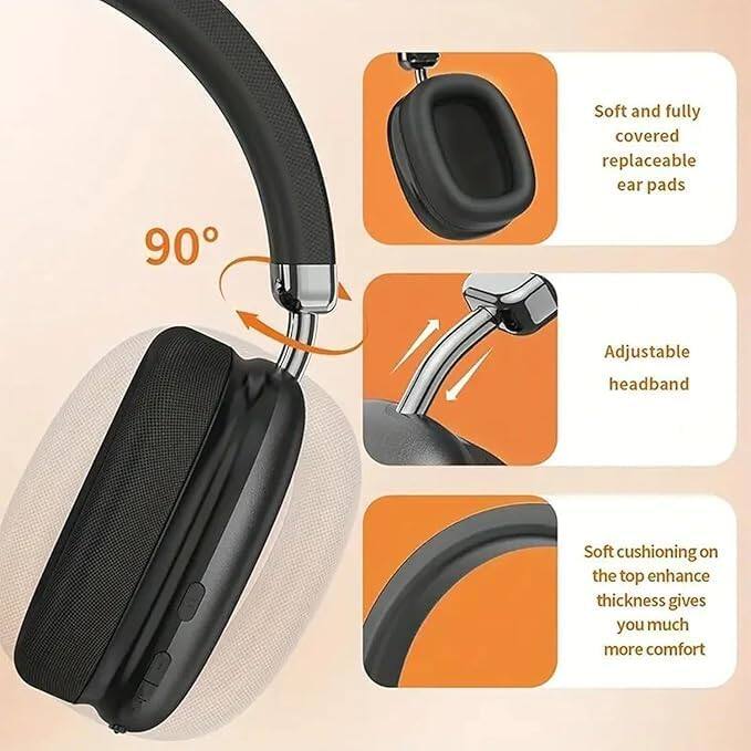 Soft and fully covered replaceable ear pads  
90° Adjustable headband  
Soft cushioning on the top enhances thickness, giving you much more comfort