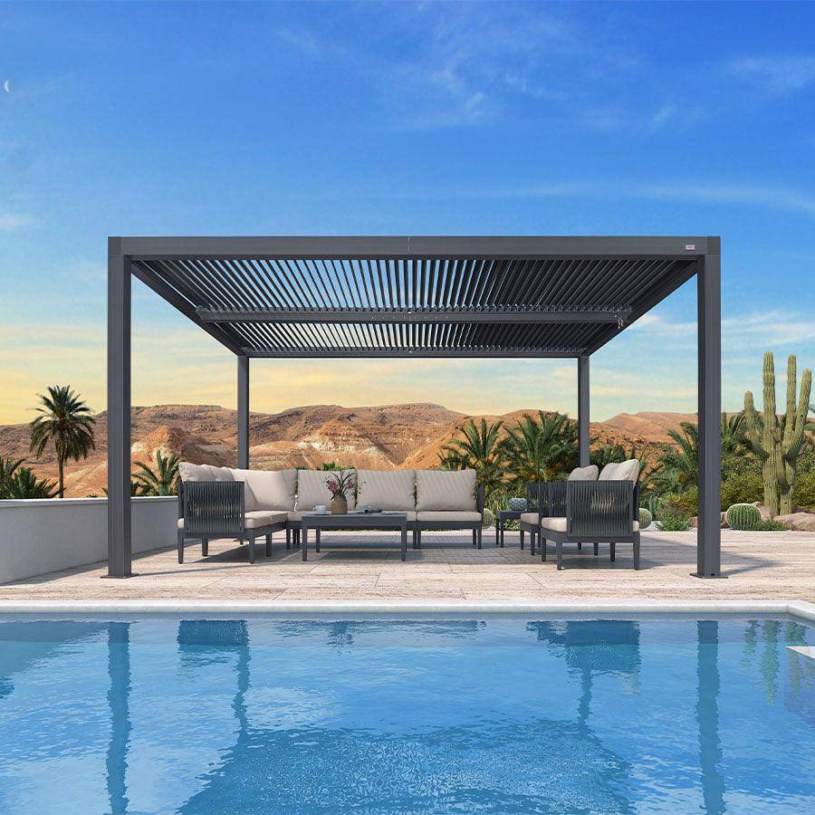 Angle. PURPLE LEAF - Louvered Pergola Outdoor Gray Aluminum Pergola with Adjustable Roof for Deck Backyard Garden Hardtop Gazebo - 10' X 14'.