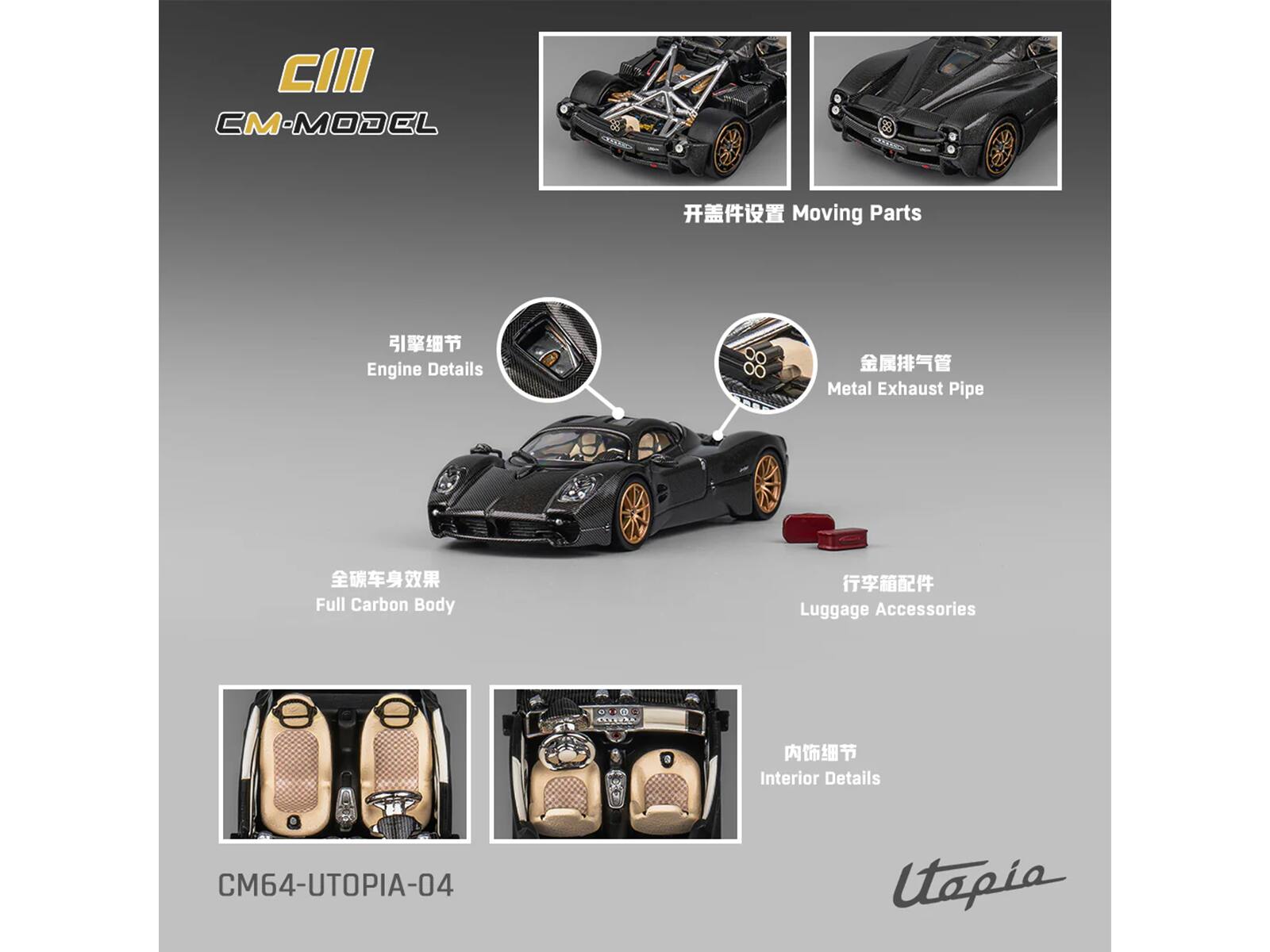 CIII  
CM-MODEL  

Moving Parts  
Engine Details  
Metal Exhaust Pipe  
Full Carbon Body  
Luggage Accessories  
Interior Details  

CM64-UTOPIA-04  
Utopia