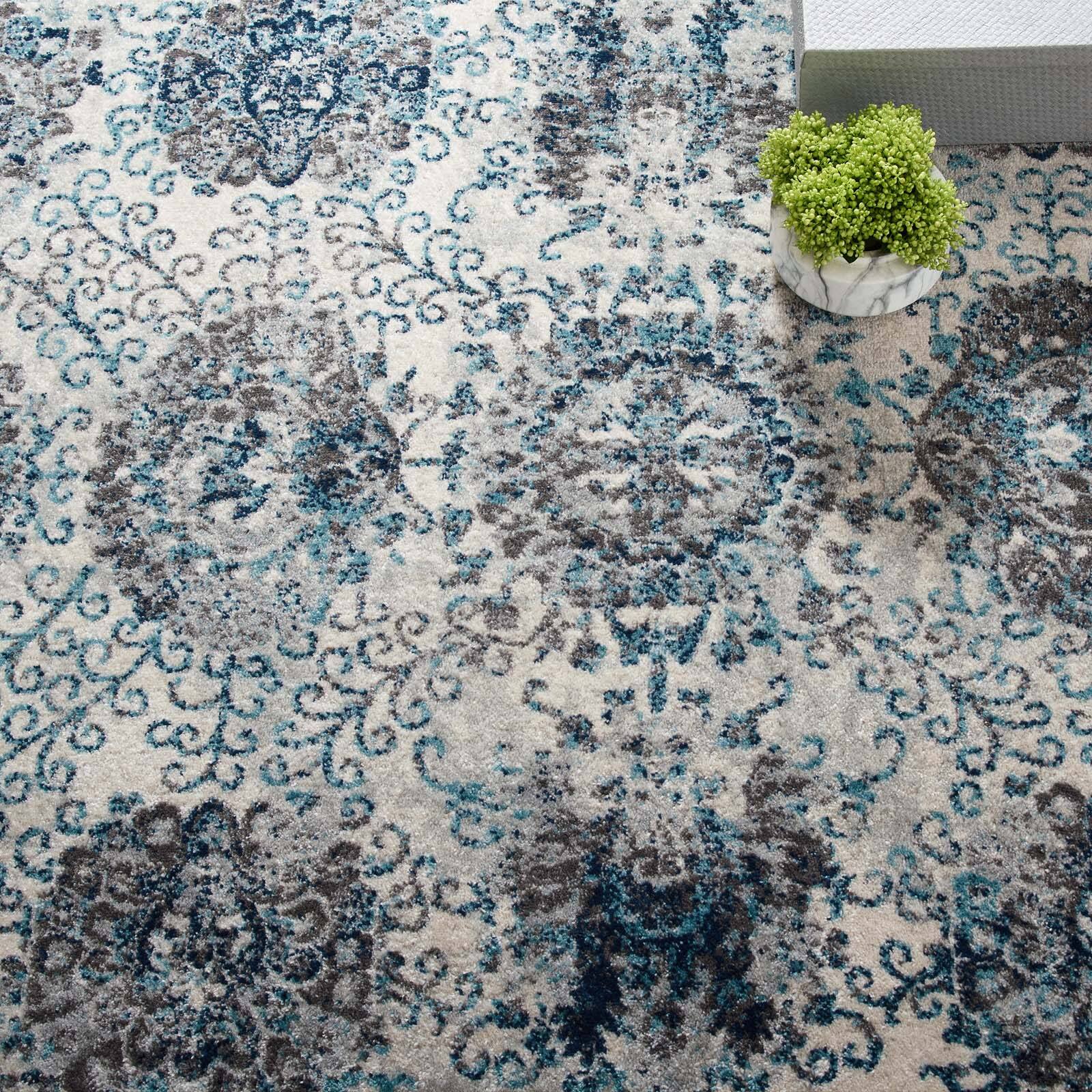 Left. Modway - Entourage Kensie Distressed Floral Moroccan Trellis Area Rug - Ivory and Blue.